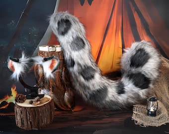 Orejas y cola de leopardo gris plateado hechas a mano, piel sintética para cosplay de animales, orejas peludas, cola moteada, diadema para festivales, accesorio para fursuit