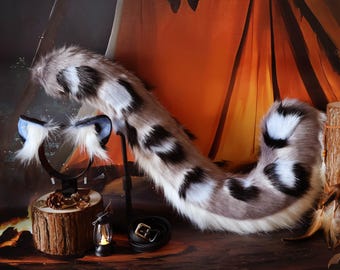 Conjunto de orejas y cola de leopardo gris azulado, diadema de piel sintética, cosplay de animales, cola moteada, accesorio para fursuit, regalo kemonomimi, fiesta de disfraces