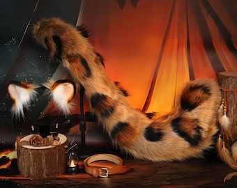 Conjunto de orejas y cola de leopardo marrón, diadema de piel sintética, cosplay de animales, cola moteada, accesorio para fursuit, regalo kemonomimi, fiesta de disfraces