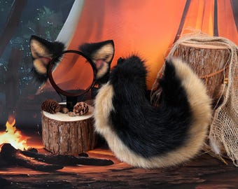 Black Brown Fox Ears Tail Set Faux Fur Cosplay Halloween Costume Anime Party Photo Prop Tribal Accessories Furry Headband Belt