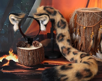 Jaguar Ears and Tail Set Faux Fur Cosplay Halloween Costume Anime Party Photo Prop Tribal Wild Cat Accessories Furry Headband Belt