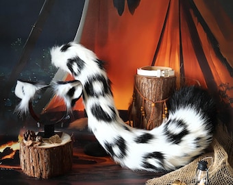 Conjunto de orejas y cola de leopardo blanco y negro, diadema de piel sintética, cosplay de animales, cola moteada, accesorio para fursuit, regalo kemonomimi, fiesta de disfraces