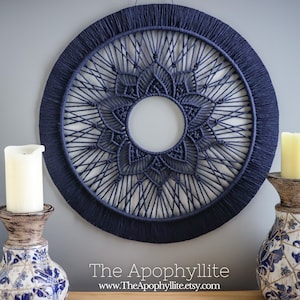 Macrame mandala circle navy blue wall hanging 50cm- Artisan fibre art made in Australia