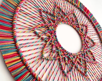 Rainbow macrame mandala 53cm circle wall hanging. Fun vibrant multicolour cotton, Maximalist fibre art, Artisan decor made in Australia