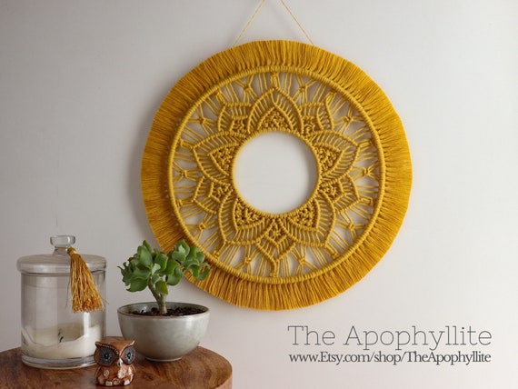Macrame mandala circle mustard wall hanging 37cm- Modern macrame boho decor, wall art, mustard macrame mandala