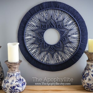 Macrame mandala circle navy blue wall hanging 50cm- Handmade modern boho decor, wall art,  Artisan fibre art made in Australia