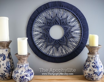 Macrame mandala circle navy blue wall hanging 50cm- Handmade modern boho decor, wall art,  Artisan fibre art made in Australia