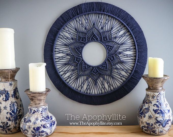 Macrame Mandala Circle Navy Blue Wall Hanging 50cm Handmade Modern Boho