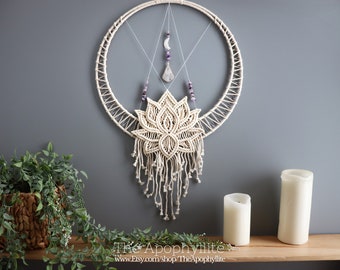 Amethyst Macrame lotus wall hanging, quartz & moon pendant with amethyst beads. Modern macrame unbleached cotton, Artisan made in Australia