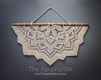 Macrame wall hanging, large 70cm natural cotton half mandala design on wood dowel. Handmade modern boho fibre art, Artisan made in Australia