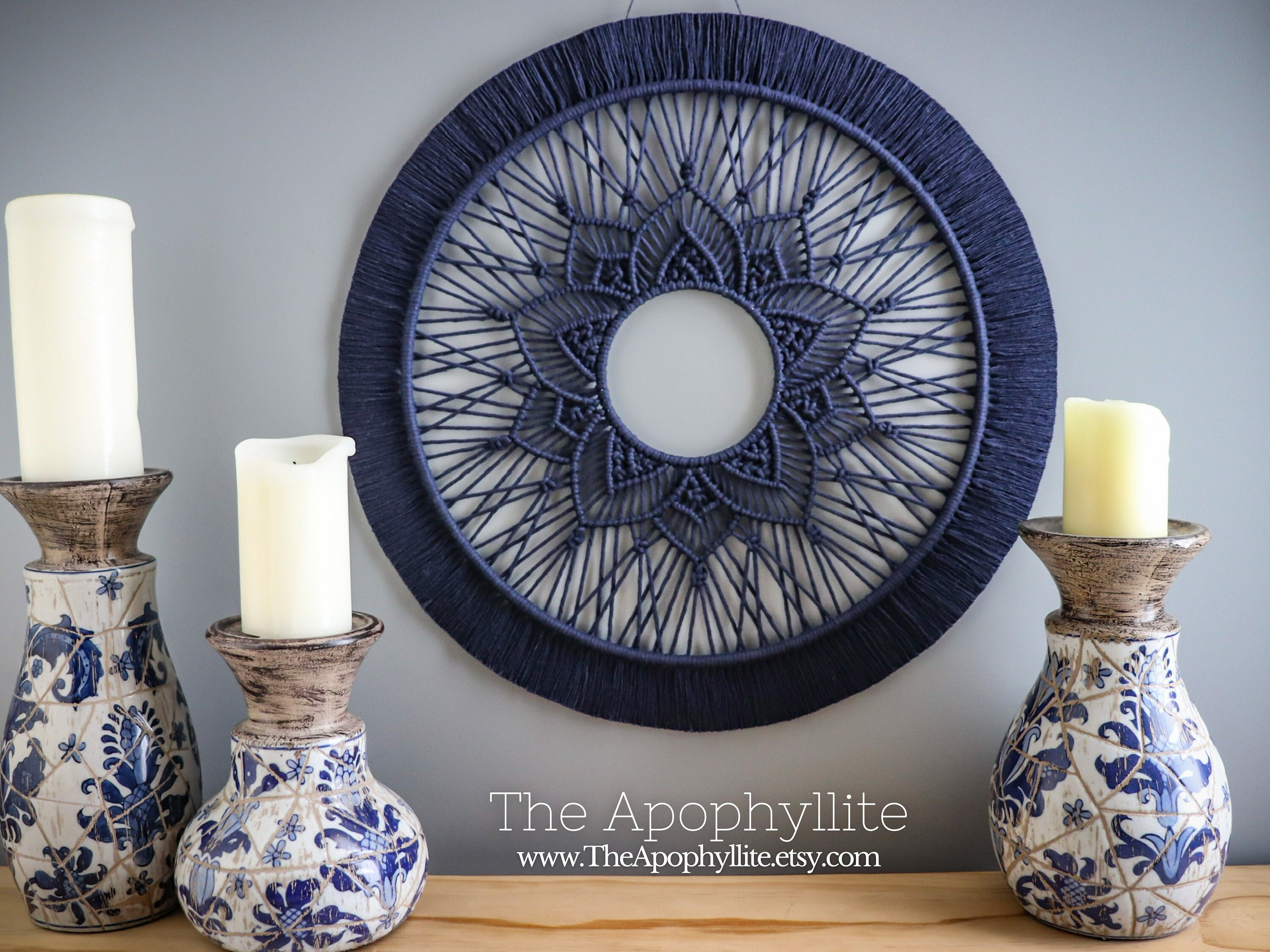 Macrame mandala circle navy blue wall hanging 50cm- Handmade modern boho decor, wall art,  Artisan fibre art made in Australia