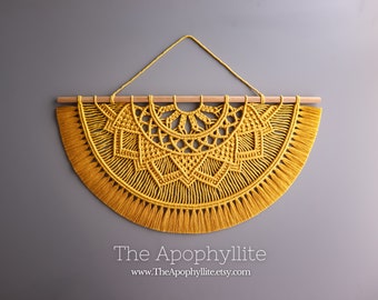 Mustard macrame wall hanging, semicircle half mandala design in mustard cotton on oak wood dowel. Artisan fibre art handmade in Australia