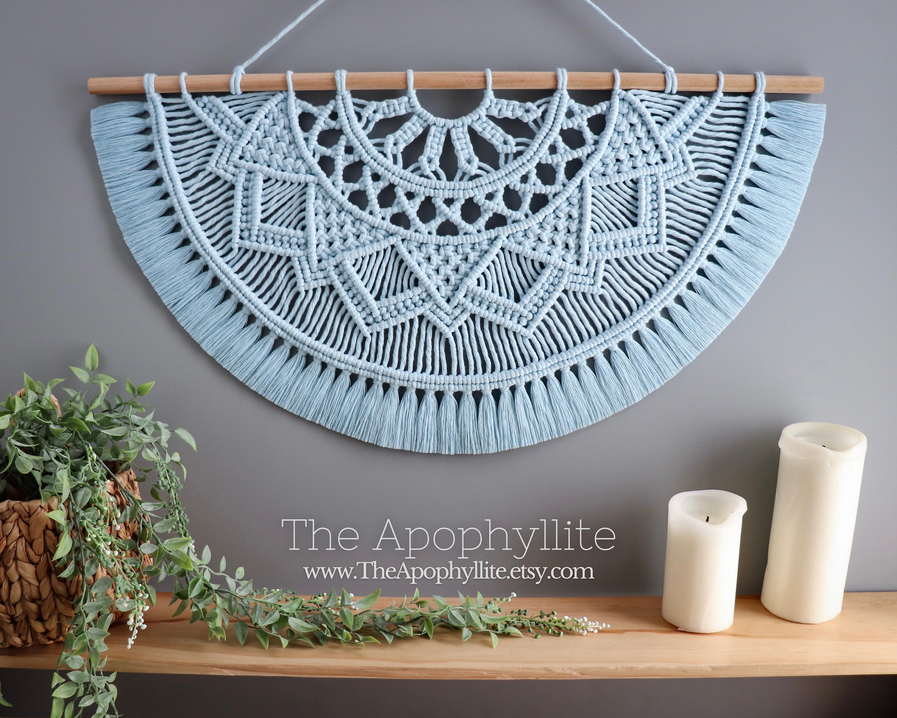 Light Blue Macrame Wall Hanging Semi circle Half mandala Design on Oak Wood Dowel. Cotton Hand Made Wall Art Artisan Made in Australia Etsy Canada