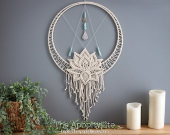 Macrame lotus wall hanging, quartz pendant & amazonite beads. Modern macrame unbleached cotton, Made in Australia, dream catcher alternative