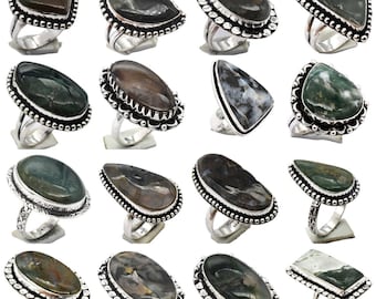 Moss Agate Handmade Rings for Women, Agate Jewelry , Silver Overlay Gemstone Ring, Birthstone Ring, Hippie Ring Lots Sizes 5-11
