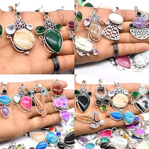 Natural Mix Gemstone Pendant, Mixed Gemstone Pendant, Silver Plated Pendant, Wholesale Mix Gemstone Pendant Lot,0 Gift for Her, Gift For Her
