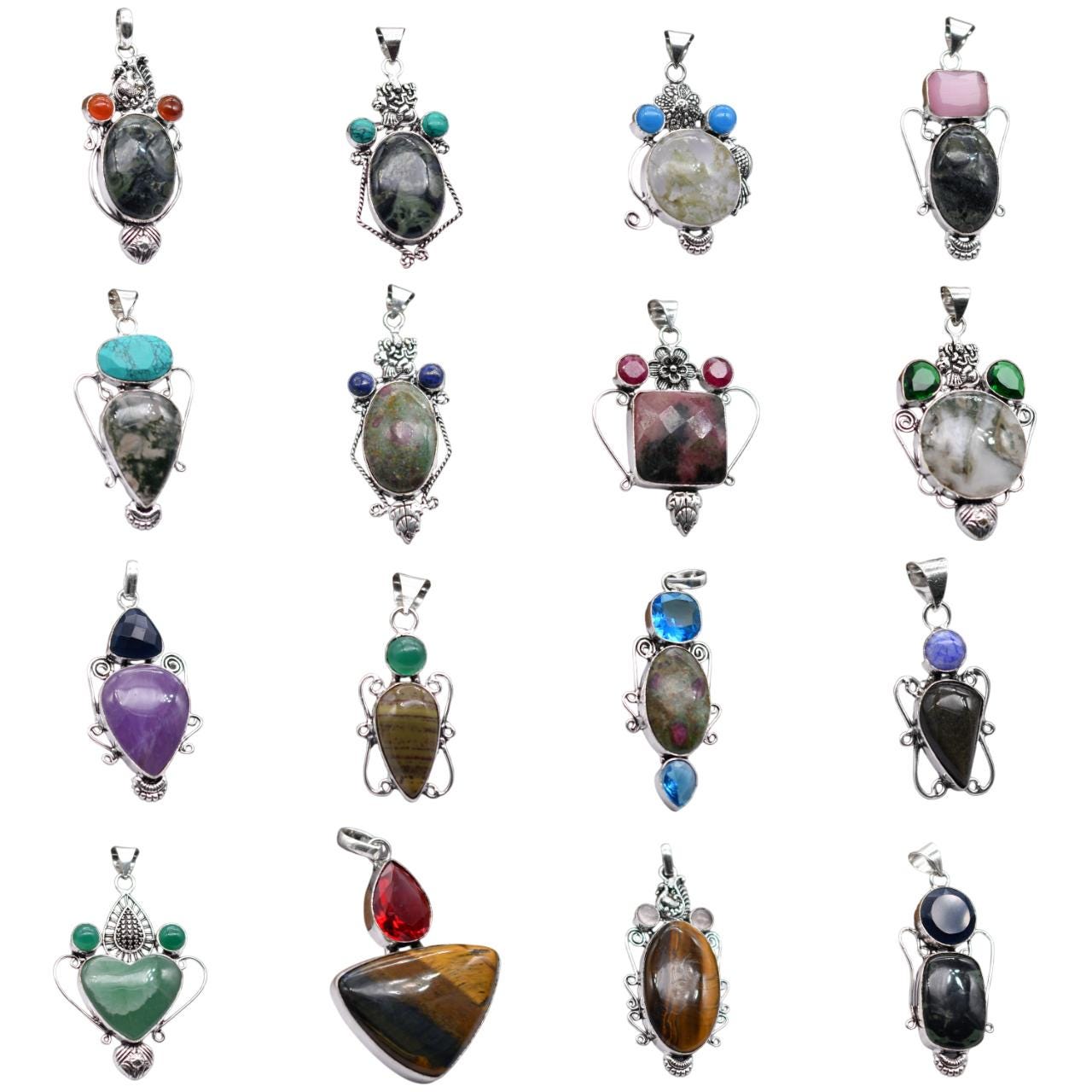 ・_・ Assorted Crystal Bezel Pendants, Silver Overlay Artisan Gemstone
