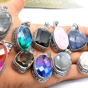 Handmade Designer Pendant Necklace For Women, Assorted Gemstone Handmade Fine Pendant Necklace Jewelry, Silver Plated Pendant For Bulk Sale