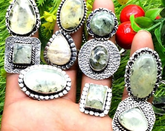 Natural Prehnite Ethenic Rings Mix Lot, 925 Silver Plated Rings, Stone Rings Lot, Silver Plated Rings, Wholesale 6-10