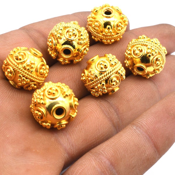 2 Pieces 14mm Bali Bead 18k Gold Plated Jewelry Making Bead B2