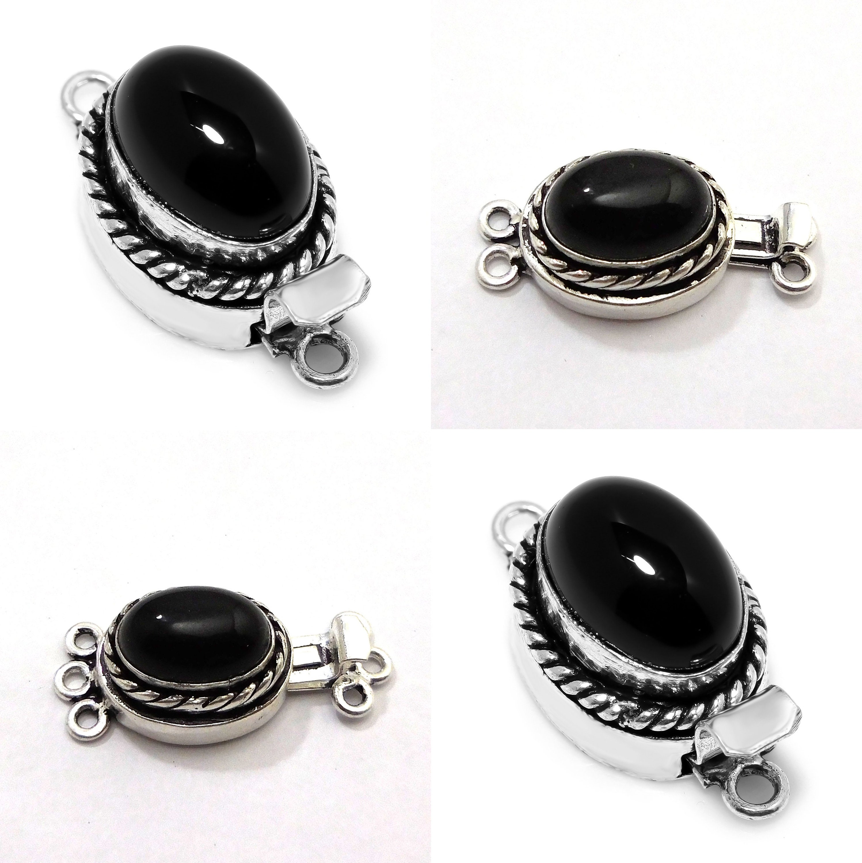 1 Pc Black Onyx Gemstone 1 Strand 2 Strand 3 Strand Oval Box Clasp Oxidized Sterling Silver Plated 26X15X10MM Jewelry Making ClaspB620