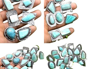 Mix Lot Natural Amazonite Gemstone Rings, Green Amazonite Gemstone Bezel Rings Lot, Amazonite Silver, Wholesale Mix Lot