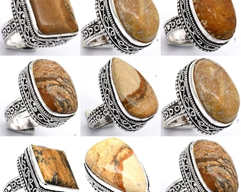 Natural Jasper Jemstone Rings Lot, Silver Overlay Vintage Rings, Hippie Rings, For Women, Crystal Rings, Chunky Rings, Rings For Gift