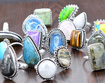 Wholesale Mix Ring Lot, Natural & Mix Gemstone Assorted Rings, Hippie Rings, Handmade Jewelry Ring, US Mix Size 6-9, Bulk Rings,