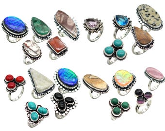 Natural Mix Gemstone Rings Lots, Mix Gemstone Wholesale Rings Lots, Crystal Ring, Ethnic Ring, Mix Size Antique Silver Plated Rings.