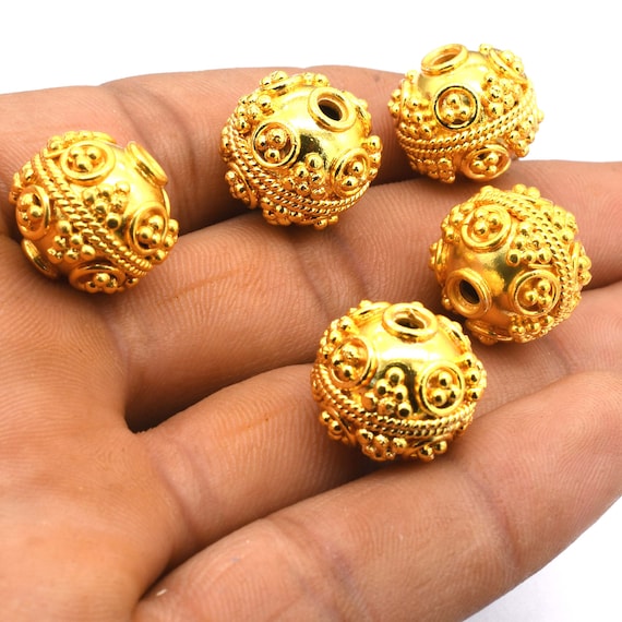 2 Pieces 14mm Bali Bead Metal Bead 18k Gold Plated Jewelry Making Bead B2