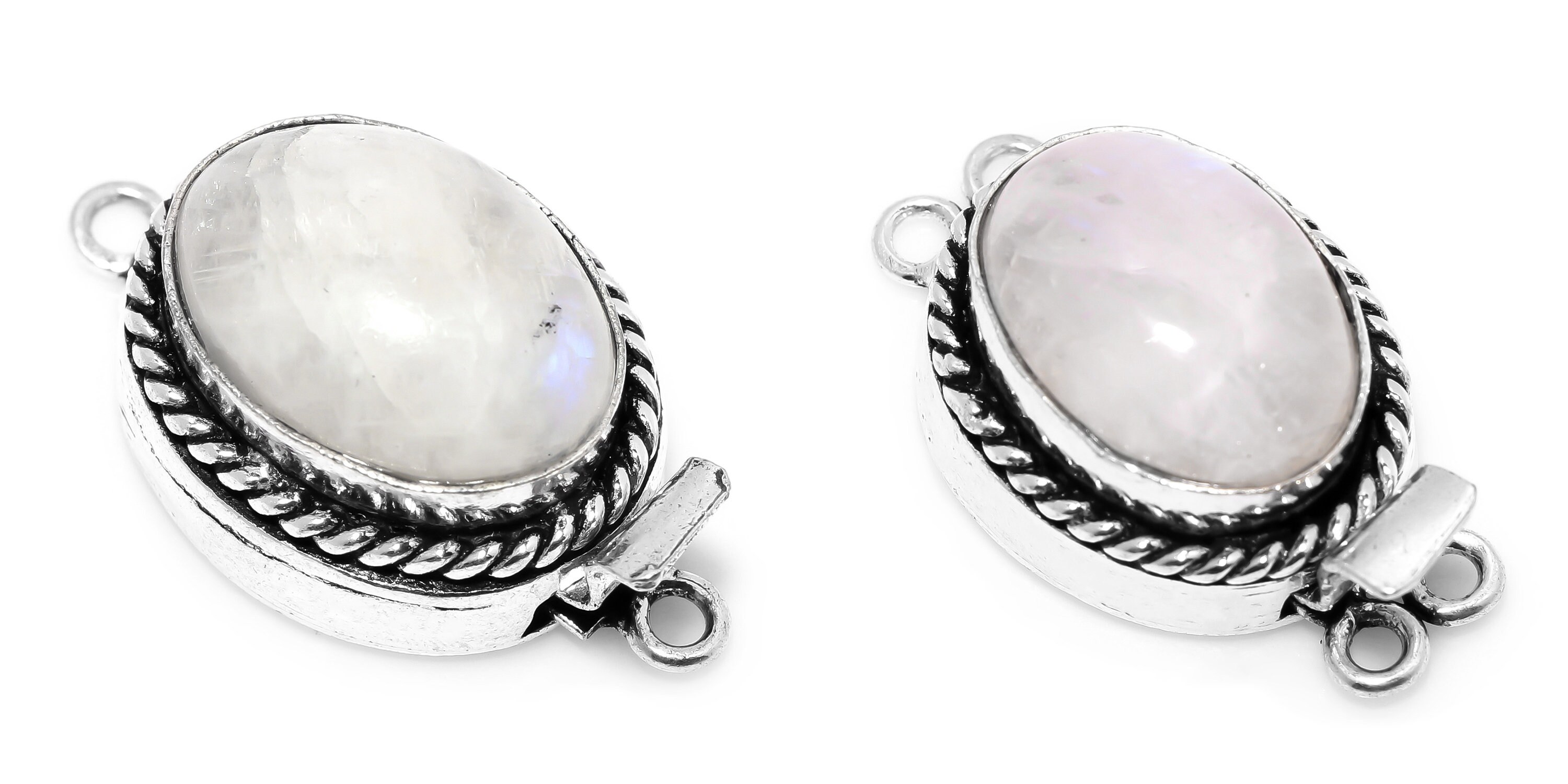 1 Pc Moonstone Gemstone Oval Box Clasp 1 Strand & 2 Strand Oxidized Silver Plated White Rainbow Clasp 26X15X10mm B620