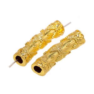 2 Pieces 29X7mm Bali Tube Bead Barrel Tube Bead 18k Gold Plated Jewelry Making Pipe Tube Bead B664