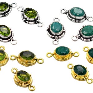 20X10mm Emerald And Peridot Gemstone Connector 18k Gold & Antique Silver Plated Mix Lot, Double Loop Connectors NC122-123.