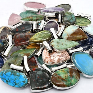 Assorted Gemstone Pendants, Wholesale Crystal Pendant Necklaces, Mixed Gemstone Pendant Lot, Silver Plated Bulk Pendants, Mystery Pendant.