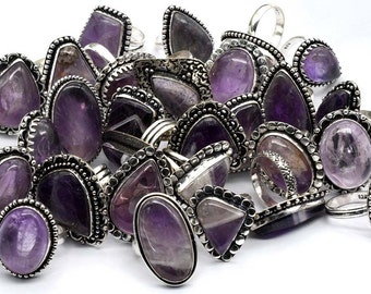 Natural Amethyst Ring, 925 Silver Plated Rings, Stone Rings Lot, Silver Plated Rings, Wholesale 6-10