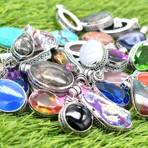 Mix Shape & Sizes Pendants ,Natural Gemstone Pendant, 925 Silver Plated Jewelry, Pendants Lot, Bulk Designer Handmade Pendant, Gift For her.