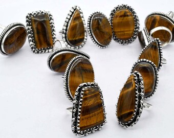 Tiger Gemstone 925 Silver Plated Rings, Tiger Eye Ring , Tiger Eye Gemstone Rings, Women Rings US Size 6 to 10 & Mix