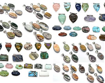 May include: Assortment of gemstone pendants with silver settings. The pendants feature a variety of shapes, sizes, and colors, including green, blue, brown, and pink.