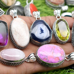 Mix Gemstone & Natural Pendant Lot, 925 Sterling Silver Plated Designer Pendant, Mystery Pack of Pendant, Mix Shape And Mix Size Pendant.