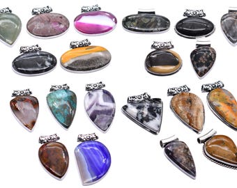 May include: A collection of gemstone pendants in various shapes and colors, including green, pink, black, and orange. Each pendant has a silver-colored bail for attaching to a chain. The pendants are suitable for jewelry making.