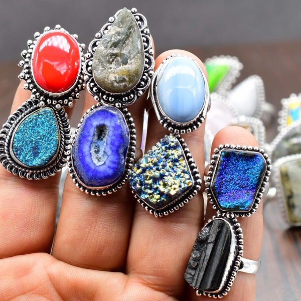 Natural Assorted Gemstone Ring, Assorted, US Mix Size 6-9, Ring For Women, Silver Plated Ring, Wholesale Lot Jewelry Bulk Sale!
