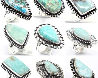 925 Silver Plated Genuine Amazonite Gemstone Rings, Green Amazonite Gemstone Bezel Rings Lot, Amazonite Silver Plated Ring Jewelry Lot