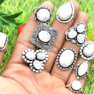 Natural Rainbow Moonstone Ring Lot, Mix Shape & Size Mystery Pack of Rings, wholesale ring lot mystery rings, Women Silver Plated ring lot.