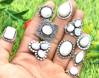 Natural Rainbow Moonstone Ring Lot, Mix Shape & Size Mystery Pack of Rings, wholesale ring lot mystery rings, Women Silver Plated ring lot.