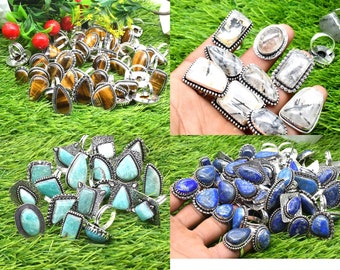Natural Lapis Lazuli, Tiger Eye, Black Rutile & Amazonite Mix Gemstone Assorted Rings Lot Hippie Rings, Gift for Women, Bohemian Ethnic Ring