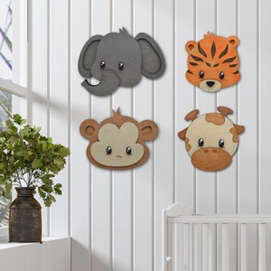 Wood Jungle Animal Heads Set of 4 - Safari Nursery Wall Decor with Elephant, Giraffe, Monkey, and Tiger