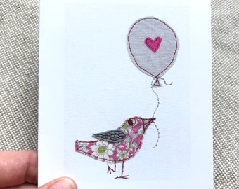 Pink Bird & Balloon card. Pretty Anniversary card. love theme card. For her birthday. Thinking of you. With love card. Printed UK