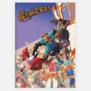 Puede incluir: Una portada de cómic con un grupo de personajes en un entorno de fantasía. La portada se titula "The Beyonders" con el subtítulo "Issue 1". Los personajes son una mujer pelirroja, un humanoide de piel azul y otros dos personajes con cabello castaño. Los personajes están de pie en un edificio con un cielo morado en el fondo.