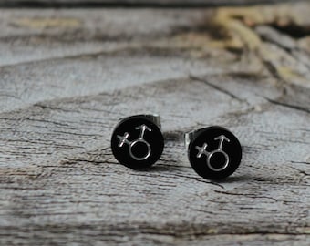 Stainless steel male + female symbol patterned earrings. Small stud earrings