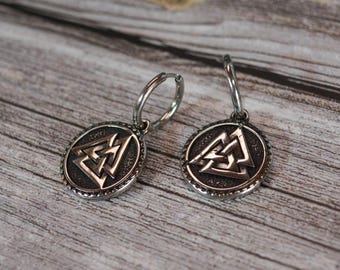 Triquetra & Norse Bind Rune Coin Hoop Earrings – Stainless Steel